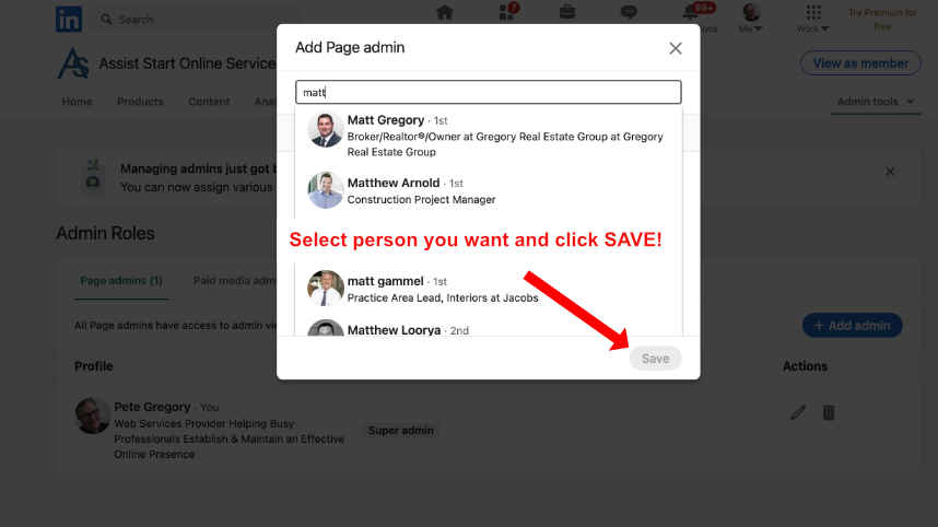 Select and Save Linkedin Admin